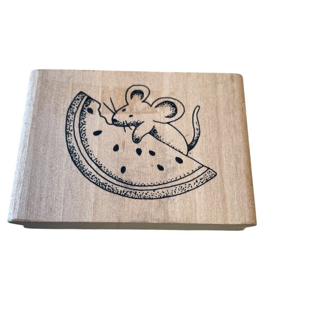 Mouse & Watermelon Rubber‎ Stamp On Wooden Block